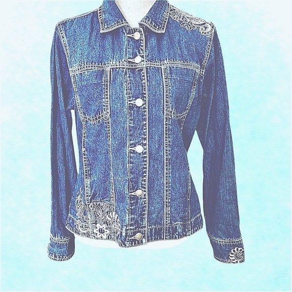 EUC! WOMEN’S BLASSPORT BY BILL BLASS EMBROIDERED JEAN JACKET - Picture 3 of 11